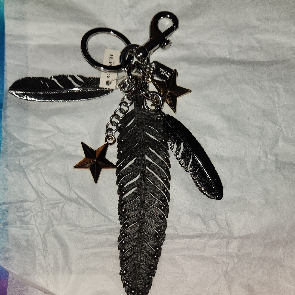 Coach NWT Black Feather Keychain with Mixed Metal And Star Charms